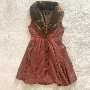 Double Zero Faux Fur Wool Blend Red Lined Tweed Mini Dress Buttons Pockets Sz S